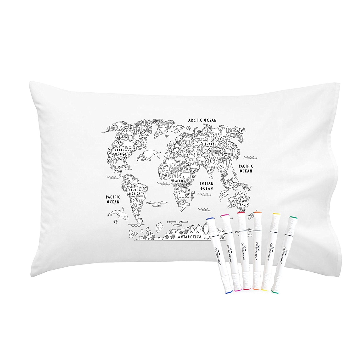 World Map Color Me Coloring Standard Size Pillowcase (1 Pillow Cover 20 by 30 Inches) with Permanent Fabric Markers INCLUDED Doodle Pillowcase