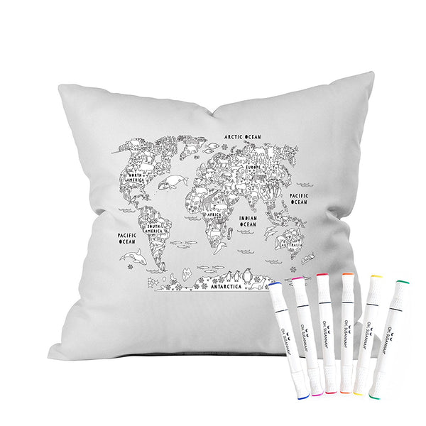 World Map Color Me Coloring Standard Size Pillowcase (1 Pillow Cover 20 by 30 Inches) with Permanent Fabric Markers INCLUDED Doodle Pillowcase