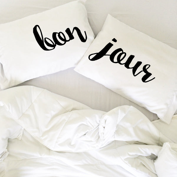Bonjour Pillowcases Cursive Font - Set of 2 - Fits Standard/Queen Pillows