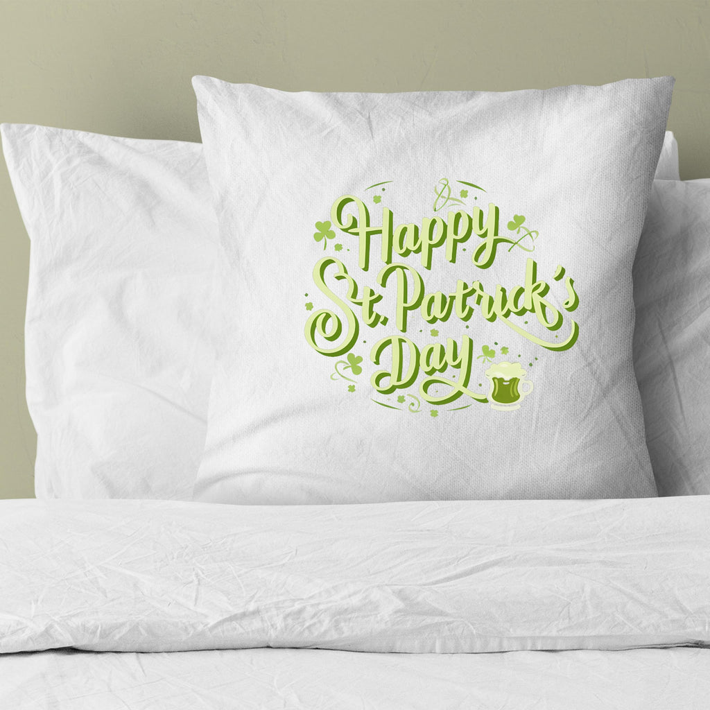 Happy St. Patrick's Day square throw pillow cover displayed on a white bed