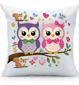 Owls Pillowcase, Decorative Throw Pillow Cover with Colorful Woodland Design, Squirrels, and Hearts