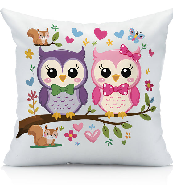 Owls Pillowcase, Decorative Throw Pillow Cover with Colorful Woodland Design, Squirrels, and Hearts