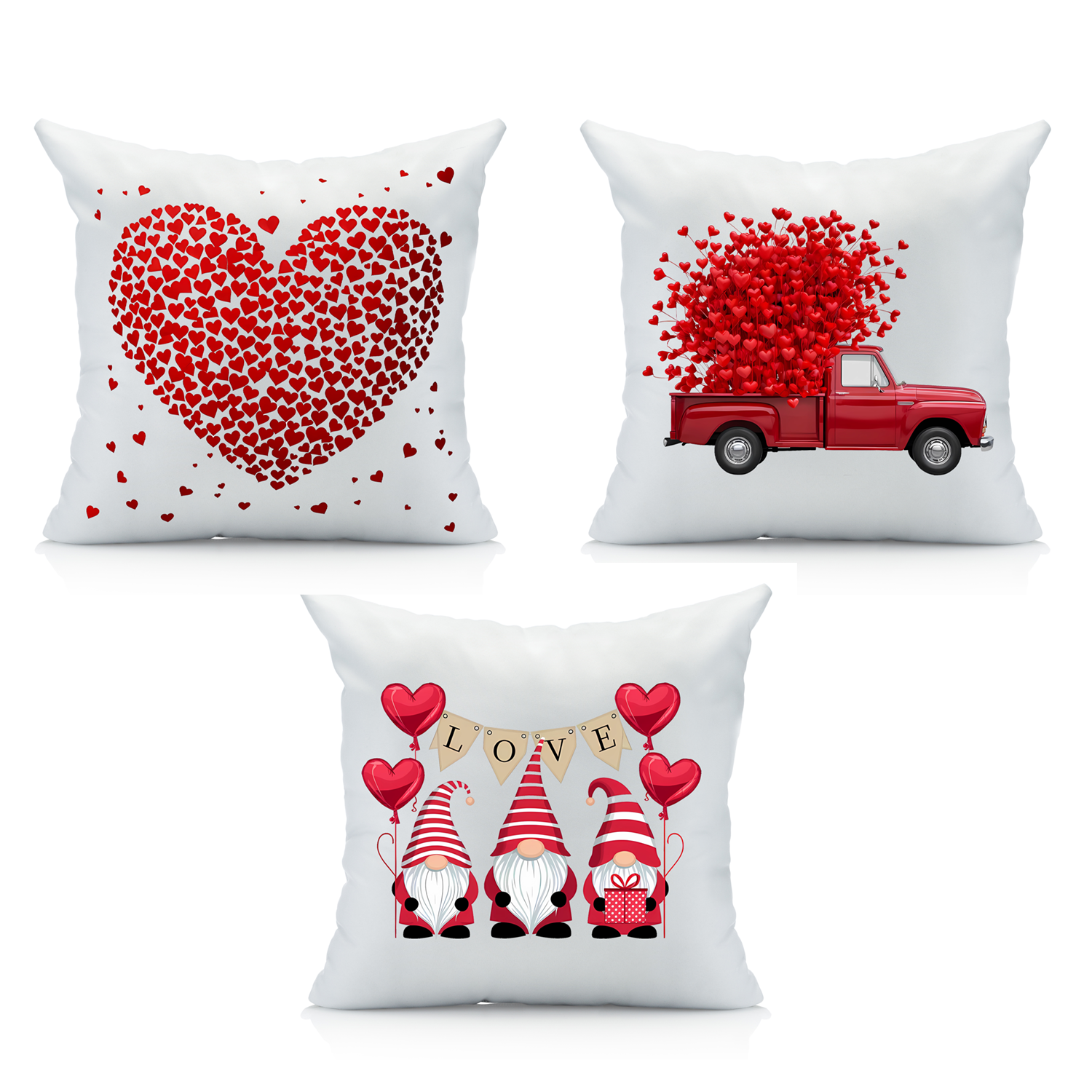 Valentine's Day Throw Pillow Set, Gnomes, Heart Truck, and Red Heart Design, Romantic Home Decor