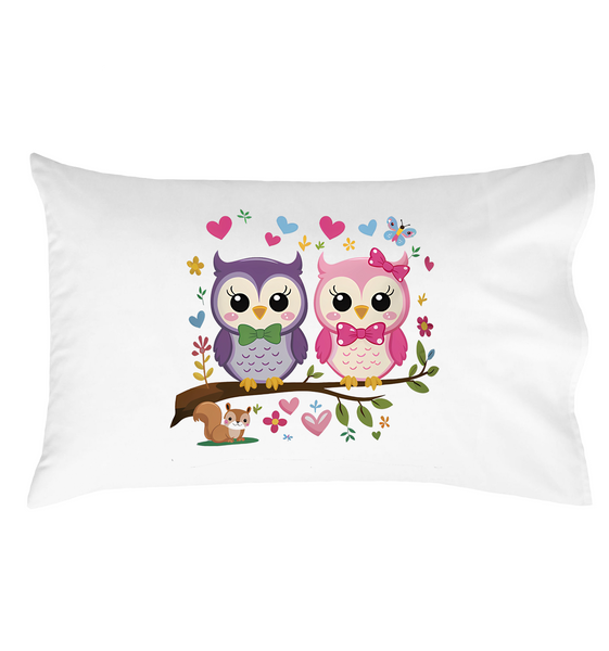 Owls Pillowcase, Decorative Throw Pillow Cover with Colorful Woodland Design, Squirrels, and Hearts