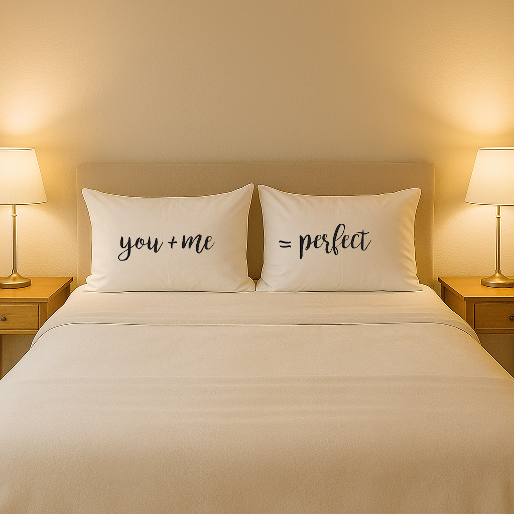 Two pillowcases reading you + me = perfect