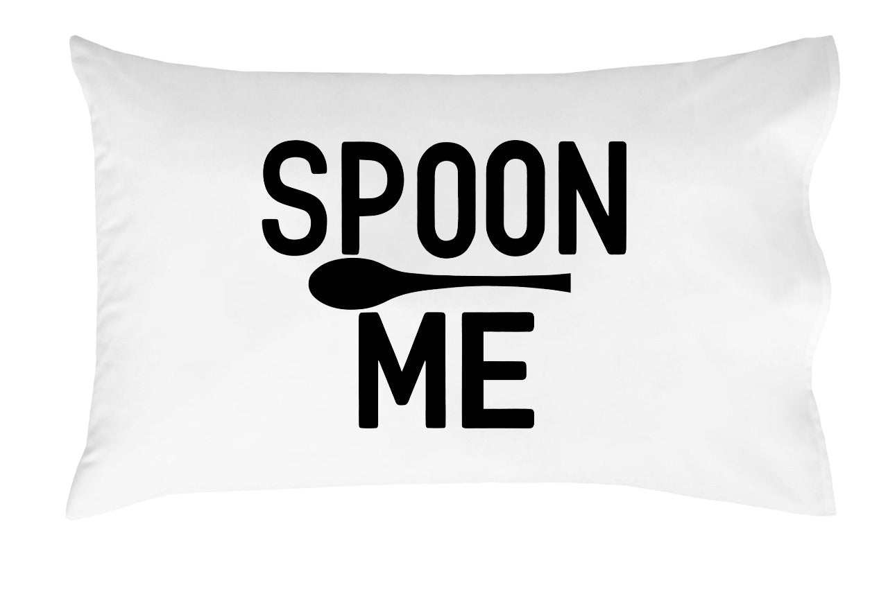 Spoon Me Decorative Pillow Set, White with Black Text, Romantic Couples Design
