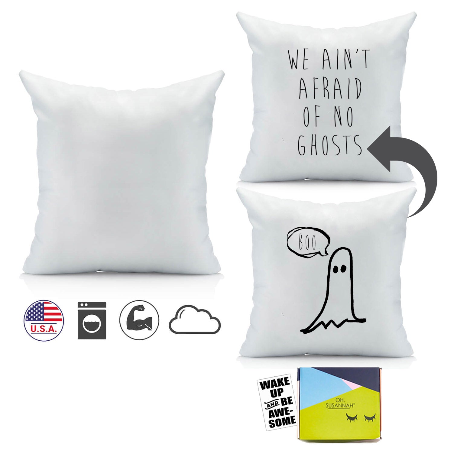 Oh, Susannah Halloween Boo Ghost We Ain't Afraid of No Ghosts Reversible Throw Pillow Cover (1 18X 18 inch, Black)