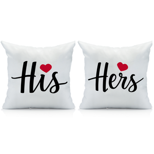 His and Hers Couples Decorative Pillow Set, Decorative Love Design, White, 2-Piece