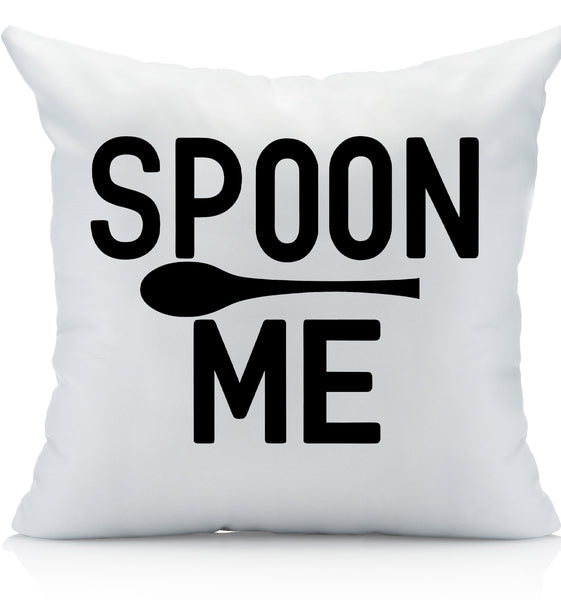 Spoon Me Decorative Pillow Set, White with Black Text, Romantic Couples Design