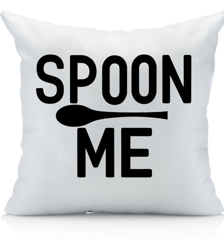 Spoon Me Decorative Pillow Set, White with Black Text, Romantic Couples Design