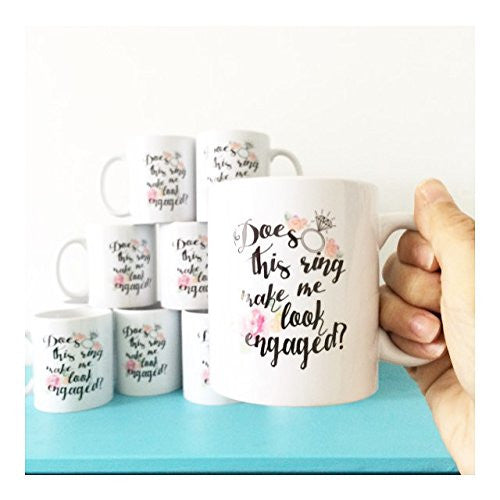 Engagement Coffee Mug Set "Does this ring make me look engaged?" and "I put a ring on it" 2 11oz Mugs In White Gift Boxes