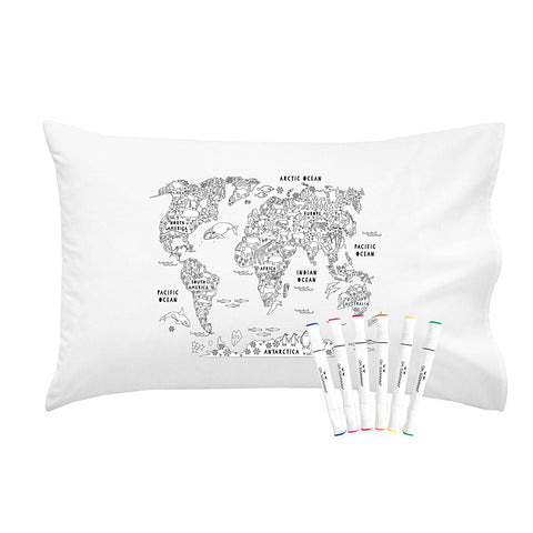 World Map Color Me Coloring Standard Size Pillowcase (1 Pillow Cover 20 by 30 Inches) with Permanent Fabric Markers INCLUDED Doodle Pillowcase