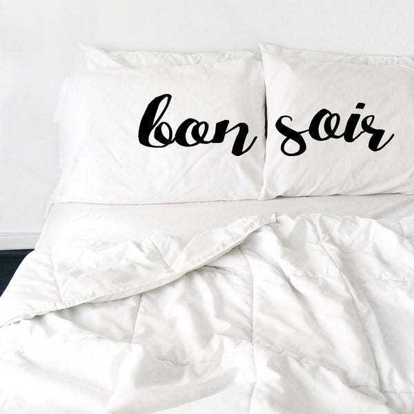 Bonsoir Pillowcases Cursive Font - Set of 2 - Fits Standard/Queen Pillows