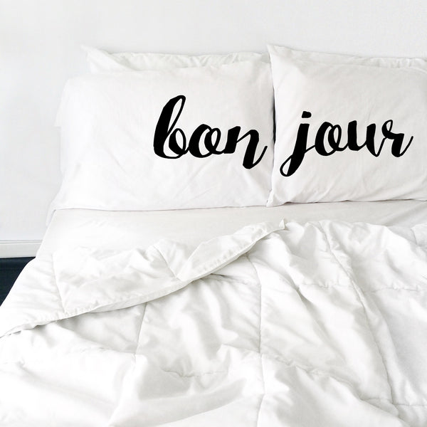 Bonjour Pillowcases Cursive Font - Set of 2 - Fits Standard/Queen Pillows