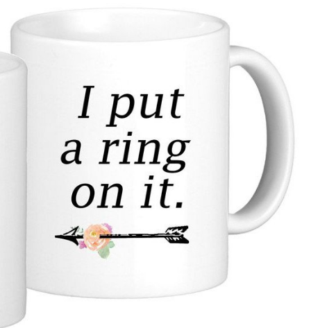 Engagement Coffee Mug Set "Does this ring make me look engaged?" and "I put a ring on it" 2 11oz Mugs In White Gift Boxes