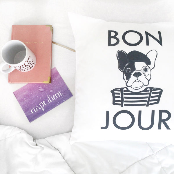Bold Bonjour Bulldog Black Font 18x18 Inch Throw Pillow Cover