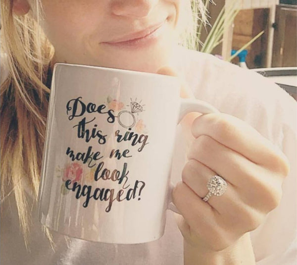 Engagement Coffee Mug Set "Does this ring make me look engaged?" and "I put a ring on it" 2 11oz Mugs In White Gift Boxes