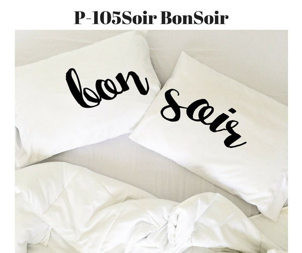 Bonsoir Pillowcases Cursive Font - Set of 2 - Fits Standard/Queen Pillows