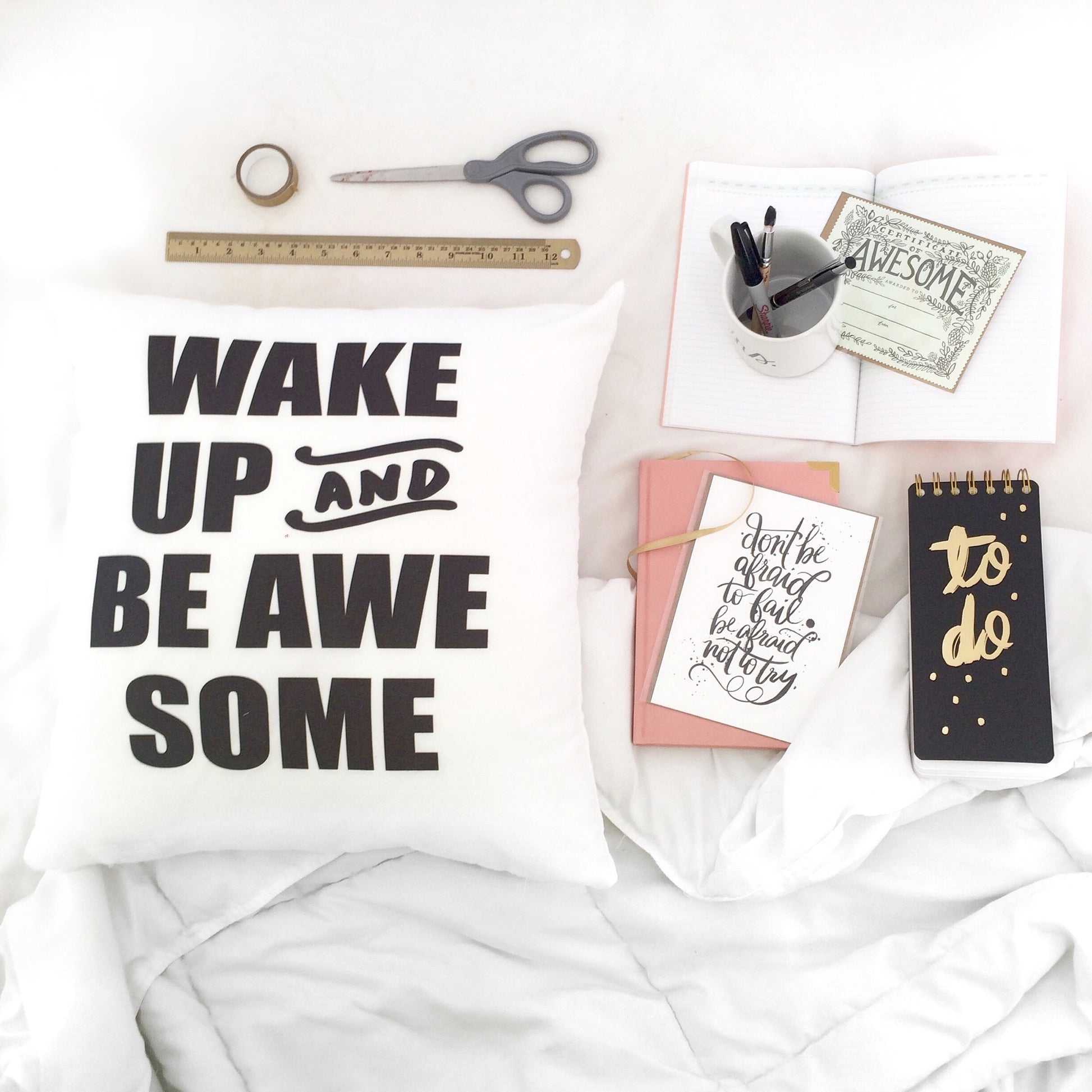 Wake Up and Be AwesomeTM Block 18x18 Inch Throw Pillow Cover